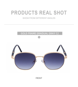Macro shot of square gold metal sunglasses frame with gradual gray lenses in front view