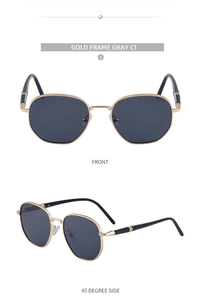 Detailed front and 45-degree side views of gold square frame sunglasses with gray lenses