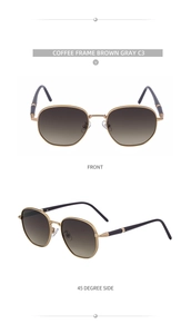 Detail view of coffee frame sunglasses with brown gradient lenses and textured metal edges