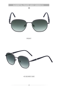 Gunmetal square frame sunglasses with gray green lenses shown in front and side views
