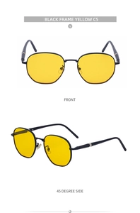 Detail view of square black metal frame sunglasses featuring bright yellow lenses