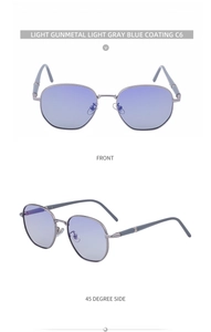 Front and side view of light gunmetal square sunglasses with gray-blue gradient lenses