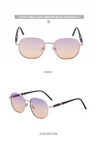 Detail of square gold metal sunglasses with purple-orange gradient lenses and blue coating