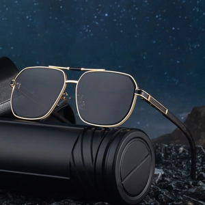 Modern square frame sunglasses for men with vintage wood texture temples and dark lenses