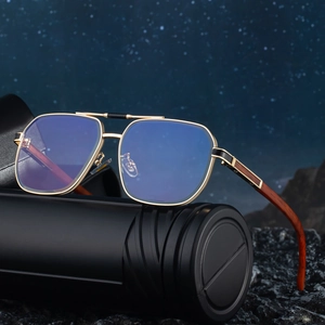 2025 vintage square sunglasses for men with gold metal frames and wood grain temples