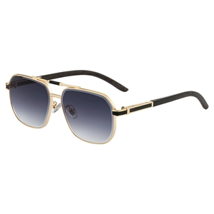 Classic square sunglasses with gold metal frame and dark wood grain temples for men