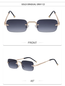 Vues frontale et à 45 degrés de lunettes de soleil rectangles sans monture dorées