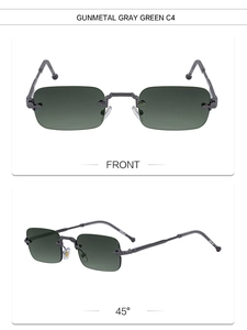 Vue de face et à 45 degrés de lunettes de soleil sans monture gris avec verres verts