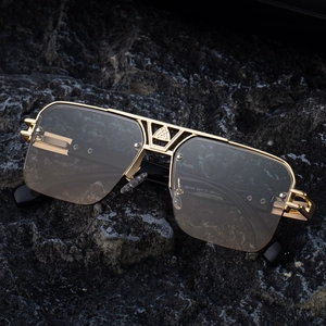 Men's retro square half-frame sunglasses with gold metal frame and dark grey lenses