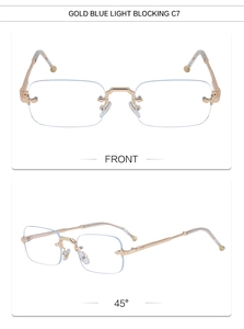 Détail de lunettes sans monture en métal doré avec verres anti-lumière bleue et embouts
