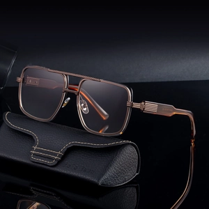 Men's pilot square metal sunglasses with bronze frame and gradient lenses on leather case