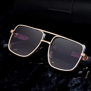 Men's square double-bridge sunglasses with gold metal frame and gradient lenses
