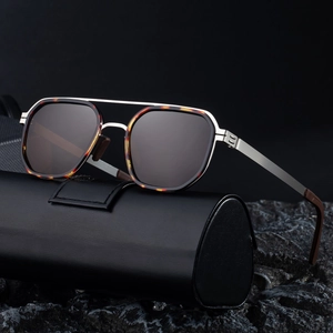 Polarized retro square metal sunglasses for men with double bridge on leather case
