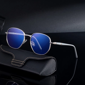 Mens square silver metal frame sunglasses with blue lenses and premium leather case