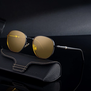 Men's square black frame sunglasses with yellow polarized lenses and leather case