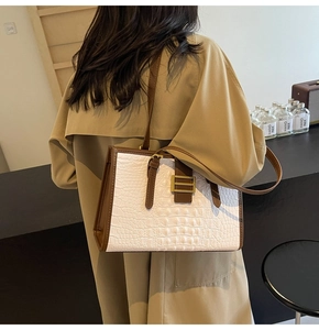 Detail of color-block tote bag with crocodile texture and gold square buckle