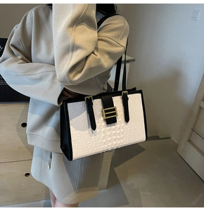 Detail of a black and white handbag with crocodile pattern texture and golden metal buckle