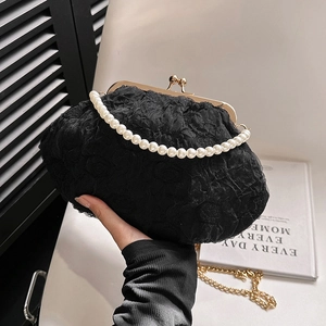 Elegant black lace evening bag with pearl handle and gold chain strap for women
