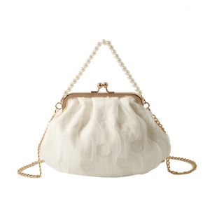 Elegant white lace evening handbag with pearl handle and golden chain strap for women
