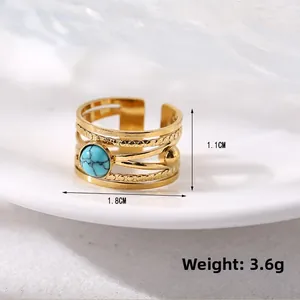 Detail of gold multilayer hollow ring with turquoise inlay on white display tray