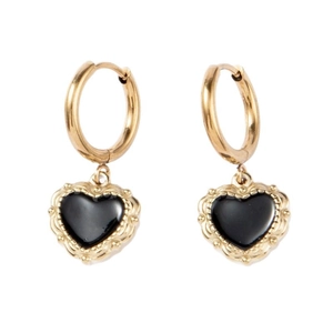 Baroque black heart dangle earrings with gold beaded edges in minimalist French style