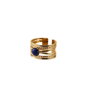Multilayer gold titanium steel ring with round blue stone and open adjustable design