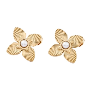 Golden flower stud earrings with vintage texture and pearl center on white background