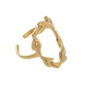 Polished 18k gold plated stainless steel leaf ring in a minimalist olive branch design