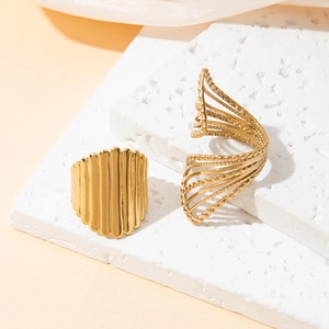 French vintage gold vertical striped and beaded hollow open rings on stone base