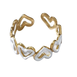 Anello aperto dorato minimalista con cuori in smalto bianco in stile chic francese