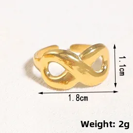 Detailed view of infinity ring dimensions showing 1.1cm height and 1.8cm width