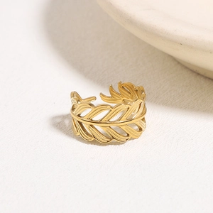 French style gold irregular leaf cutout open ring with textured vintage design for women