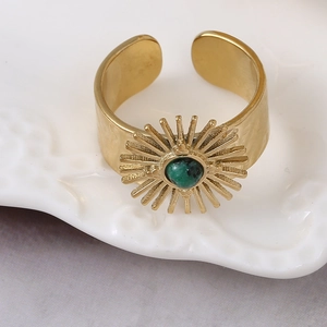 Vintage gold sunflower ring with green natural stone and hammered textured finish