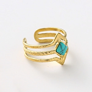 Detailed view of gold multi-layer镂空 ring featuring a square turquoise stone inlay