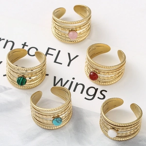 Multi-layer gold stainless steel ring with natural stones in a French vintage style