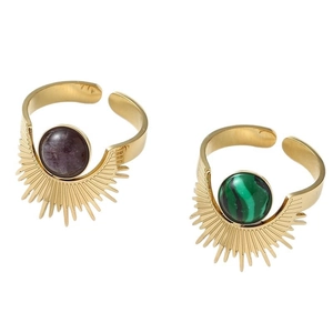 Bohemian gold sunburst rings with purple stone and green malachite in a dual set