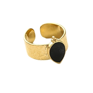 Hammered gold stainless steel open ring featuring a black teardrop stone inlay