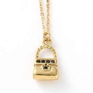 Collier élégant en acier titane doré avec pendentif sac à main, pierres noires et fleur