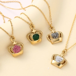 Elegant stainless steel crown pendant necklaces with colorful zircon stones in four shades