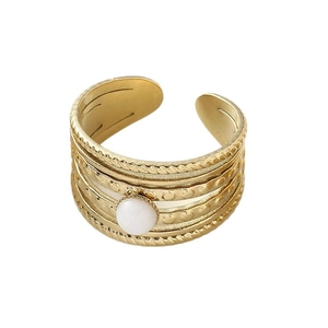 French retro gold multi-layer open ring with natural white stone and textured bands