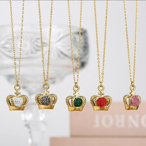Elegant crown pendant necklace with colorful zircon stones on gold chain for women
