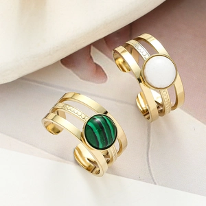 Three-layer adjustable gold ring set with natural green malachite and white stones
