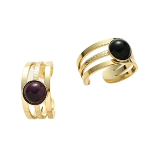 Luxury gold three-layer open ring set featuring purple and black natural stones