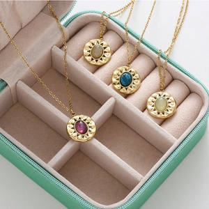 French vintage stainless steel sunburst necklaces with colorful natural stone pendants