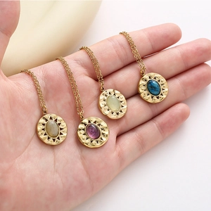 French retro stainless steel sunburst necklace set with four colors of natural oval stones