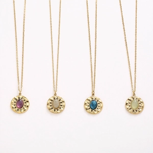 French vintage stainless steel starburst necklaces with natural stone pendants in four colors