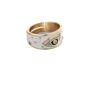 Adjustable gold evil eye ring featuring white enamel finish and zircon accents