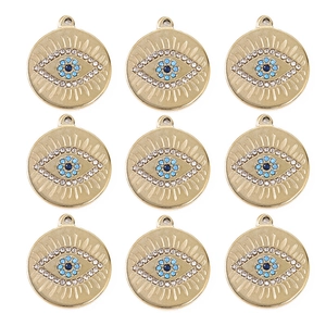 Set of 9 Bohemian gold stainless steel evil eye pendants with sparkling blue zircons