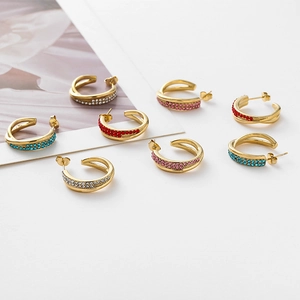 Stainless Steel C-Shaped Stud Earrings Colorful Rhinestone Cross Double Layer Fashion Jewelry For Women
