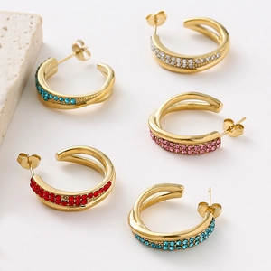 Polished C-shape stainless steel earrings with multi-colored rhinestones in gold plating